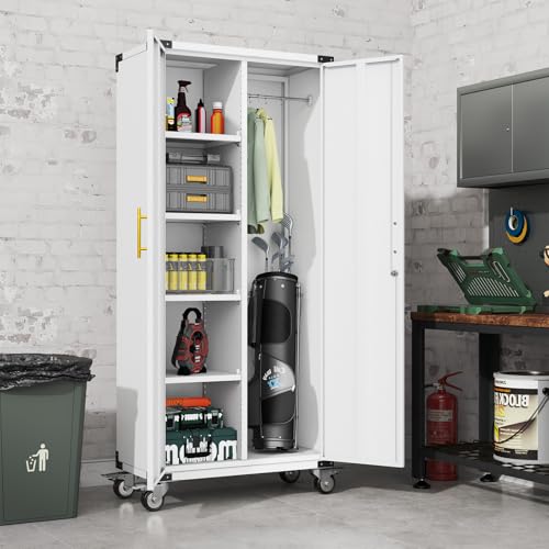 erosoei 71" Broom Storage Cabinet, Cleaning Tool Storage Cabinet, Garage Utility Storage with Hooks and Hanging Rods, Heavy Duty Garden Tool Organizer, for Home, Garage, Laundry Room, Gym, Workshop - color: White