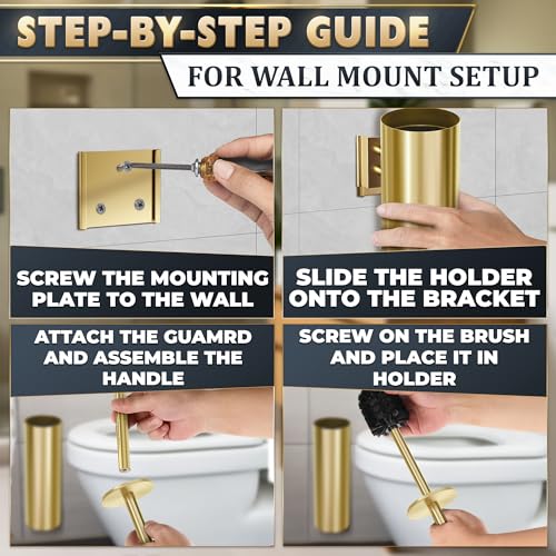 2 Pcs Wall-Mounted Stainless Steel Toilet Brush and Holder Set (Gold) - color: Gold