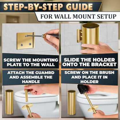 2 Pcs Wall-Mounted Stainless Steel Toilet Brush and Holder Set (Gold) - color: Gold
