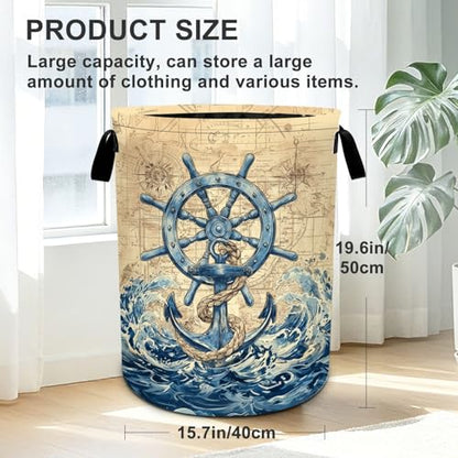 Nautical Laundry Basket Foldable Oxford Laundry Hamper With Handle For Room Bathroom Bedroom - color: Nautical