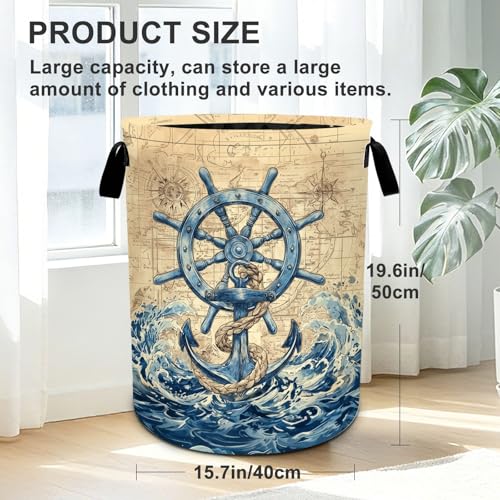 Nautical Laundry Basket Foldable Oxford Laundry Hamper With Handle For Room Bathroom Bedroom - color: Nautical