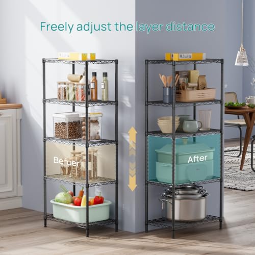 SINGAYE 5 Metal Shelves Wire Shelving Storage Shelf Adjustable Unit Pantry - color: Black, size: 5 Tier 14"Dx24"Wx59.5"H
