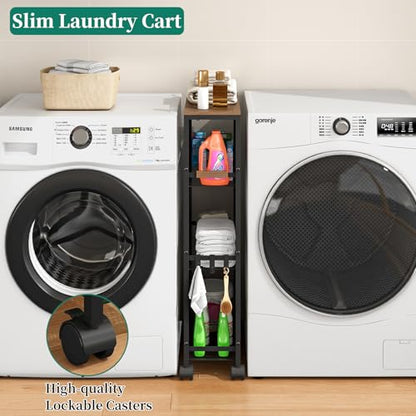 4-Tier Slim Utility Rolling Laundry Cart with Wheels, Black - color: Black, size: 7.2''