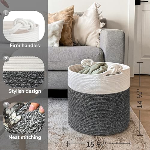Goodpick Woven Rope Blanket Basket Living Room, 40L, Dark Grey - color: Dark Gray, size: 15 × 14.2 inches