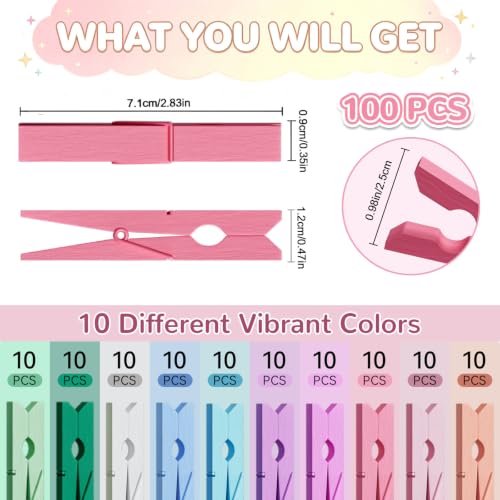 100Pcs Colored Clothespins Wooden Bulk 2.9 Inch Pastel Cheer Clothes Pins - color: Colored