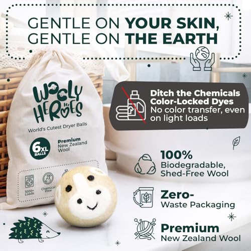 Chemical Free & Baby Safe! Reusable Wool Dryer Balls XL 6-Pack - Reduces Static, Cuts Dry Time, & Softens Naturally - color: Baby Cow & Friends