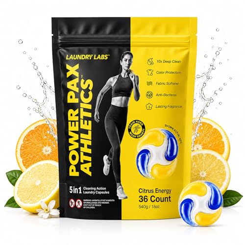 PowerPax Athletics Laundry Detergent Pods, 36 Count 5-in-1 Washer Pods for Activewear & Everyday Laundry, Enzyme Stain & Odor Remover, Citrus Energy, HE Washing Machine Pods