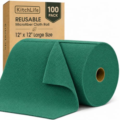 Microfiber Cleaning Cloth Roll, 100 Pack 12 x 12 Inch Tear Away Reusable Paper Towels, Thick Cleaning Towels, Absorbent Lint Free Washable Rags for Kitchen, Car, Garage and Workshop - Forest Green - color: Forest Green