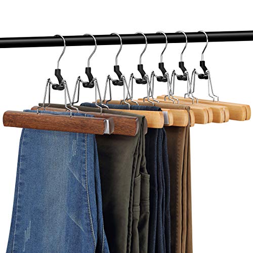 AMKUFO 12 Pack Wooden Pants Hangers with Clips Non Slip Skirt Hangers Walnut Trouser Clamp Hanger Solid Wood Hanger with 360° Swivel Hook - color: Walnut, size: 12 Pack