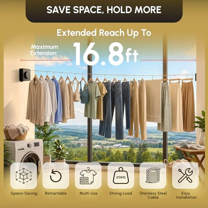 Retractable Clothesline Indoor, Wall Mounted, Black - color: Black