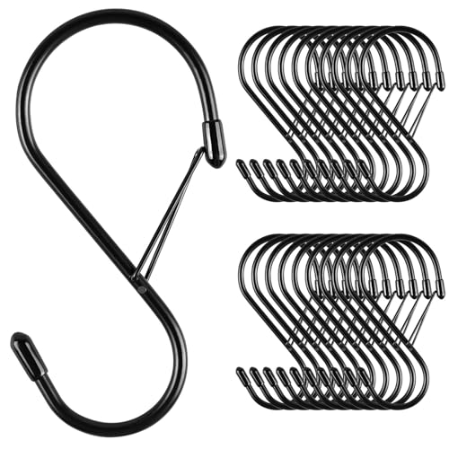 Dreecy 4 Inch S Hooks for Hanging with Safety Buckle, 20 Pcs Heavy Duty Metal S Hooks with Stopper Non Slip, Closet Hooks for Hanging Plants, Clothes, Kitchen Utensil, Pots, Pans, Bags (Black) - size: 20 Pieces