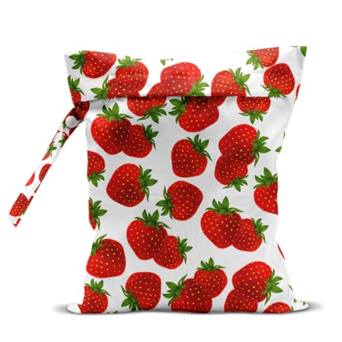 Wet Bag, Wet Dry Bag, Waterproof Swim Bags, Machine Washable Reusable Bags for Beach, Pool, Diapers, and Dirty Yoga Gym Clothes(Strawberry Print - color: Strawberry - Withe