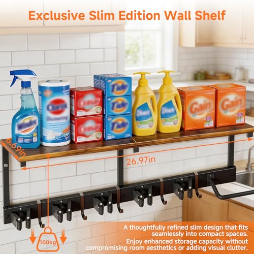3 in 1Broom Holder Wall Mount,Laundry Room Organization and Storage Shelves with 5 Mop Hanger Rack Gripper Hooks,Utility Shelf Closet Organizer for Garage, Garden,Kitchen,Closet