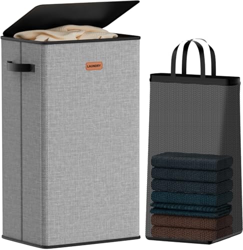 100L Laundry Hamper with Lid, Large Clothes Hampers with Removable Bag, Collapsible Laundry Basket for Bathroom, Bedroom, Laundry Room, Dorm, Grey - color: Grey, size: 26.4 Gal - 1 Section