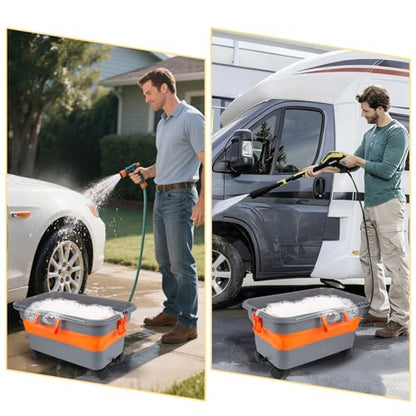 Collapsible Bucket with Wheels and Handle 5.8 Gallon, Drain Plug and Water Outlet, Portable Water Storage Foldable Carts for Mop Cleaning, Camping, RV, Pet Bathing, Fishing, Car Washing