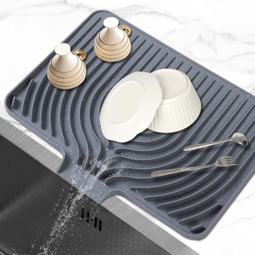 Dish Drying Mat for Kitchen Counter, with Built-in Drain Lip, Food-Grade Silicone, Easy Clean Pad for Countertop Protection, Multi-Functional Use (18 x12 Raised Sink, Grey) - color: Gray, style: 18 x12 Raised Sink