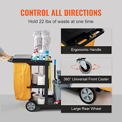 VEVOR Cleaning Cart, 3-Shelf Commercial Janitorial Cart, 200 lbs Capacity Plastic Housekeeping Cart, with 25 Gallon PVC Bag and Cover, 47 x 20 x 38.6in, Yellow&Black - color: Black+lid