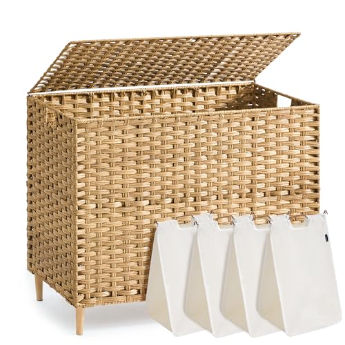 SONGMICS 4-SectionLaundry Hamper With Lid, PE Rattan, 55.5 Gallons (210 L) - color: Goose Yellow, size: 210 L (4 Basket)