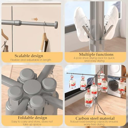 cjc Foldable Clothes Drying Rack, Extra Stable Heavy Duty Laundry Standing Dry Racks with 4 Retractable Drying Rods & 4 Shoe Racks, Space-Saving Collapsible for Indoor Outdoor Grey - color: Grey-4 Rods
