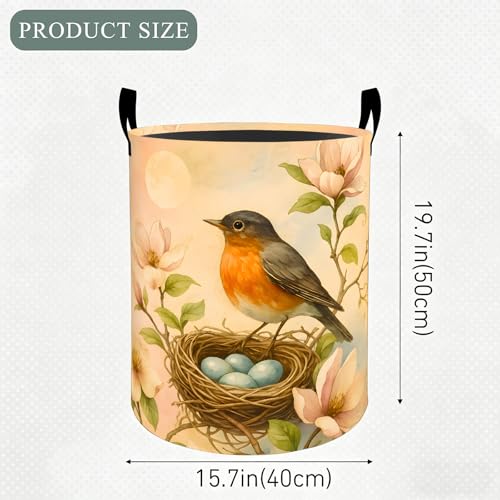Spring Bird Laundry Basket Hamper, Organizer Bins Gifts for Women Kids, Nest Floral Robin Foldable Waterproof Clothes Hamper Handles Storage Bucket for Bedroom Bathroom Room Decor 19.7"x15.7" - color: Bird