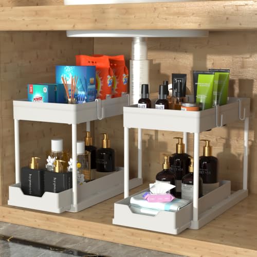 Under Sink Organizer, 2‑Tier Pull‑Out Cabinet Storage for Bathroom Kitchen - color: White