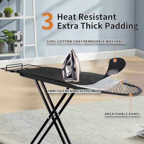 Ironing Board, 43x14 Inch Iron Board with Steam Rest, Heavy Duty Metal Frame Legs Ironing Table with Heat Resistant Cover Mat, Foldable Full Size Hanger Ironing Stand (Black, 52" L x 14" W x 34.6" H) - color: Black