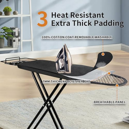 Ironing Board, 43x14 Inch Iron Board with Steam Rest, Heavy Duty Metal Frame Legs Ironing Table with Heat Resistant Cover Mat, Foldable Full Size Hanger Ironing Stand (Black, 52" L x 14" W x 34.6" H) - color: Black