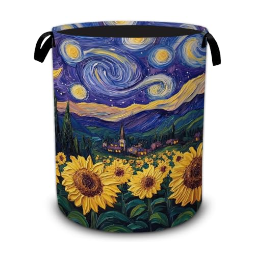Night Sky Laundry Basket with Handles,Sunflower Foldable Oxford Laundry Hamper,Collapsible Clothes Storage Basket for Laundry Room/Bathroom/Bedroom/Dormitories 20.8 x 16 Inches - color: Night Sky Sunflower