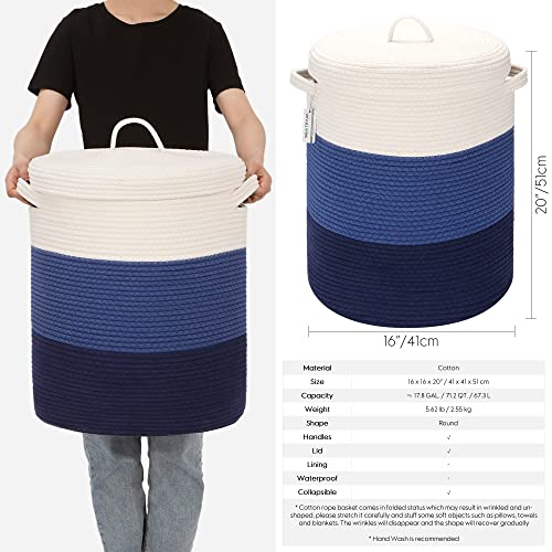 Sea Team Large Woven Cotton Rope Laundry Basket with Lid, 20 x 16 in - color: White & Navy Blue