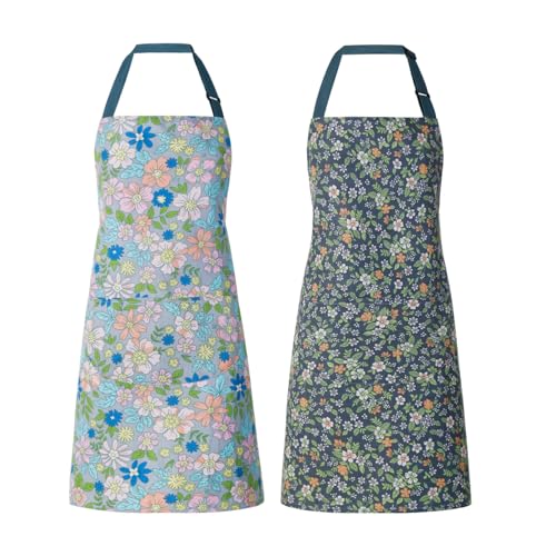 2 Pack Floral Apron for Women with Pockets, Adjustable Cotton Chef Aprons for Kitchen, Cooking, BBQ & Grill - color: Pink/Jasmine