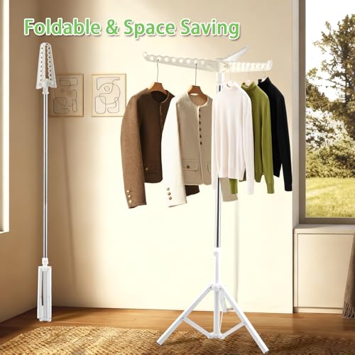 Clothes Drying Rack, Drying Rack 33-68 inches Stable and Heavy-Duty Tripod Base Thickened Stainless Steel Saving Space 27 Pieces of Clothing - color: White