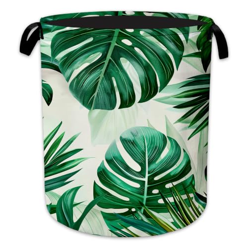 Tropical Leaves Laundry Basket, Green Foliage Collapsible Laundry Hamper Waterproof Oxford Cloth With Handles, Clothes Storage Bucket For Bathroom/Bedroom 16" x 20.8" - color: Tropical Leaves