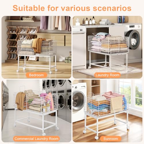 Large Rolling Laundry Basket Cart,Wire Laundry Hamper Cart with Handle and Wheels,White High Laundry Hamper for Laundry Room,Bedroom and Bathroom-120L White (29.5"L*19.7"W*27.95"H inch) - color: White, size: 29.5*19.7*27.95inch