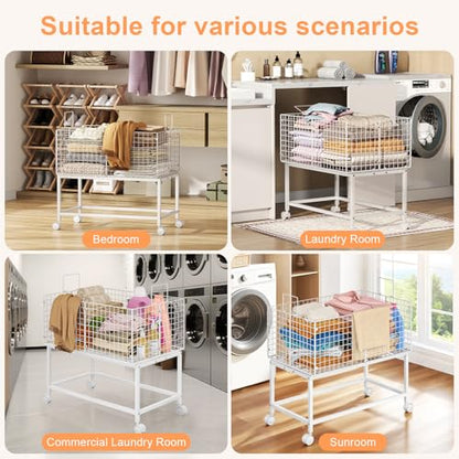 Large Rolling Laundry Basket Cart,Wire Laundry Hamper Cart with Handle and Wheels,White High Laundry Hamper for Laundry Room,Bedroom and Bathroom-120L White (29.5"L*19.7"W*27.95"H inch) - color: White, size: 29.5*19.7*27.95inch