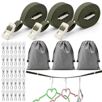 3 Pack Portable Clothesline with Hang Hole, 30 Clips Camping Clothing Line