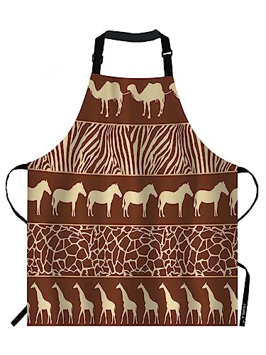 EKOBLA Animals Aprons Wild African Style Camel Zebra Giraffe Mural Horse Artwork Brown Waterproof Resistant Chef Cooking Kitchen BBQ Adjustable Aprons for Women Men 27x31 Inch - color: Multi-a08