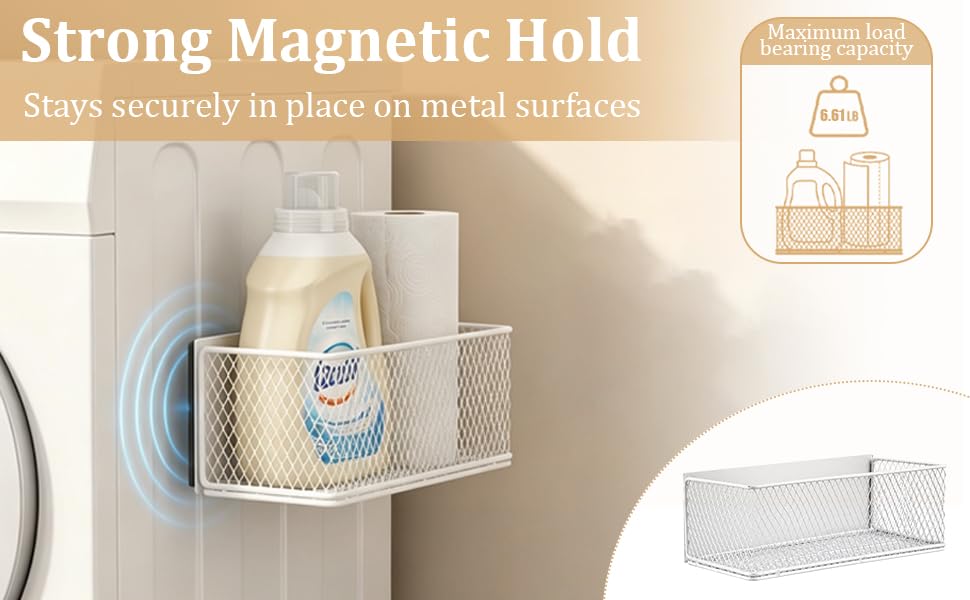 Magnetic Washer Shelf Organizer, White Magnetic Wire Basket with Strong Magnets, Metal Storage Shelf for Refrigerator, Washing Machine, Dryer, Kitchen and Laundry Room