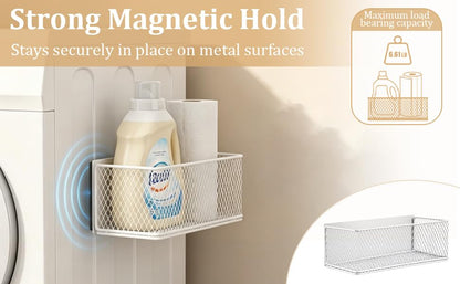 Magnetic Washer Shelf Organizer, White Magnetic Wire Basket with Strong Magnets, Metal Storage Shelf for Refrigerator, Washing Machine, Dryer, Kitchen and Laundry Room