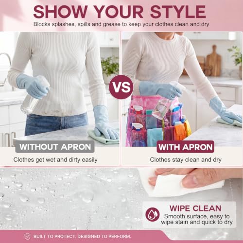 Clear Cleaning Apron with 5 Pockets and Adjustable Belt, Waterproof Caddy Aprons for Gardening Work of House Hotel - color: Pink