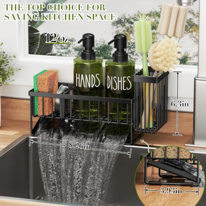 MASADI Kitchen Dish Soap Dispenser Set with Sponge Holder, 12OZ Glass Bottle, Hand and Dish Soap Dispenser Set, Non-Slip Silicone Pad, Brush Holder, Kitchen Sink Organizer Countertop (Black+Green) - color: Black+green