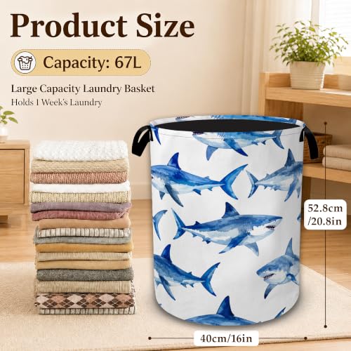 Watercolor Shark Large Laundry Hamper, Collapsible Oxford Clothes Basket with Handles, Freestanding Dirty Clothes Organizer for Bedroom Bathroom Dorm Laundry Room, 16 x 20.8 Inch - color: Watercolor Shark