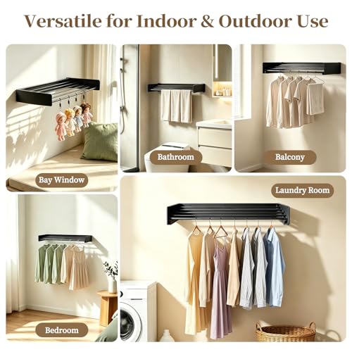 Wall Mounted Foldable Clothes Drying Rack Carbon Steel 5 Rods, Space-Saving Laundry Drying Rack with Wall Template (1, Black, 19.69") - color: Black, size: 19.69"