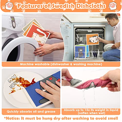 Lucomb Reusable Swedish Kitchen Dish Cloths, 8 Pack Replace Paper Towels Quick Drying Kitchen Sponges Dish Rags for Dishes Washing Home Cleaning Window Glass Wipes - color: 8 Pack-cute Cat