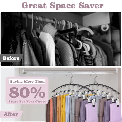 Legging Organizer for Closet 360° Swivel, Metal Yoga Pants Hanger 2 Pack w/10 Clips Holds 20 Leggings, Space Saving Hanger Closet Organizers and Storage, Pants Hangers for Pants, Skirts, Hats (Black)