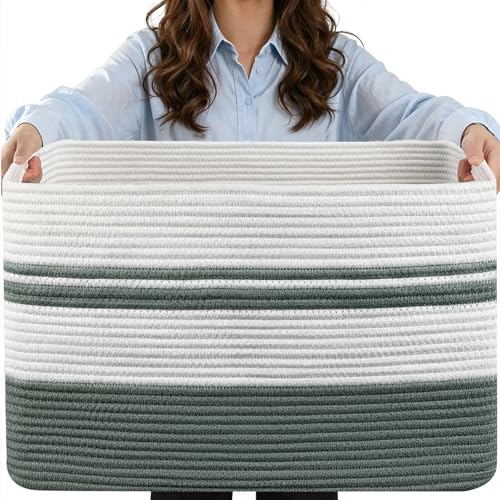 75L Large Blanket Basket, 22"x17"x12"Rectangle Cotton Rope Woven Storage Basket with Handles, Laundry Hamper for Living Room, Nursery, Bedroom - Chemical-Free, Kid & Pet Safe - Sage Green - color: Green/White, size: 75L