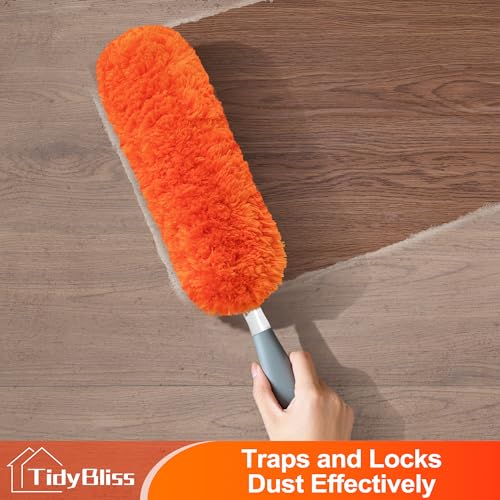 TidyBliss Microfiber Duster for Cleaning, Washable & Reusable Handheld Dust Cleaner Tool, Lint-Free Dusting Wand for Home, Office, Car, Furniture, Blinds, Keyboard, Cobweb Removal (Orange)