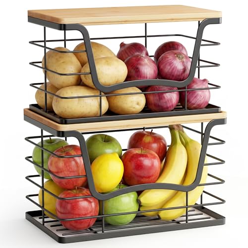 ALOCEO 2 Pack Stackable Wire Storage Basket with Bamboo Lid, Stainless Steel Extra Large Trash Bag Dispenser Roll Holder for Kitchen Sink, Laundry, Pantry Organizer and Storage, Black - color: 2-Pack - XL&L W-Shape Black
