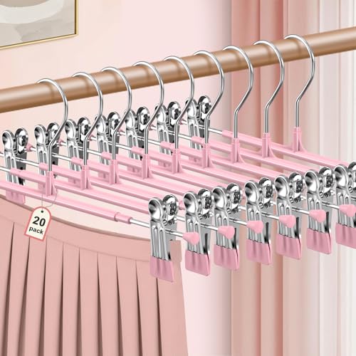 POZEAN Pants Hangers with Clips for Women, Adjustable Heavy Duty Skirt Hangers, Space Saving Non-Slip Shorts Jeans Trousers Clothes Hangers (Pink, 20Pack) - color: Pink, size: 20Pack