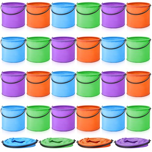 24 Pcs 5 Inch Sand Bucket Bulk Foldable Beach 1.84L Small Collapsible Colorful Pail Bucket Portable Paint Brush Washer for Outdoor Summer Beach Activity Camping Gardening Fishing 4 Colors