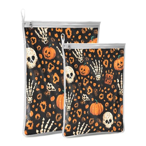 Mesh Laundry Bags Lingerie Bags for Washing Delicates 2 PCS Durable Wash Bag with Zipper Small and Medium Washable Halloween Leopard Pumpkin Skull Brown - color: Halloween Leopard Pumpkin Skull Brown